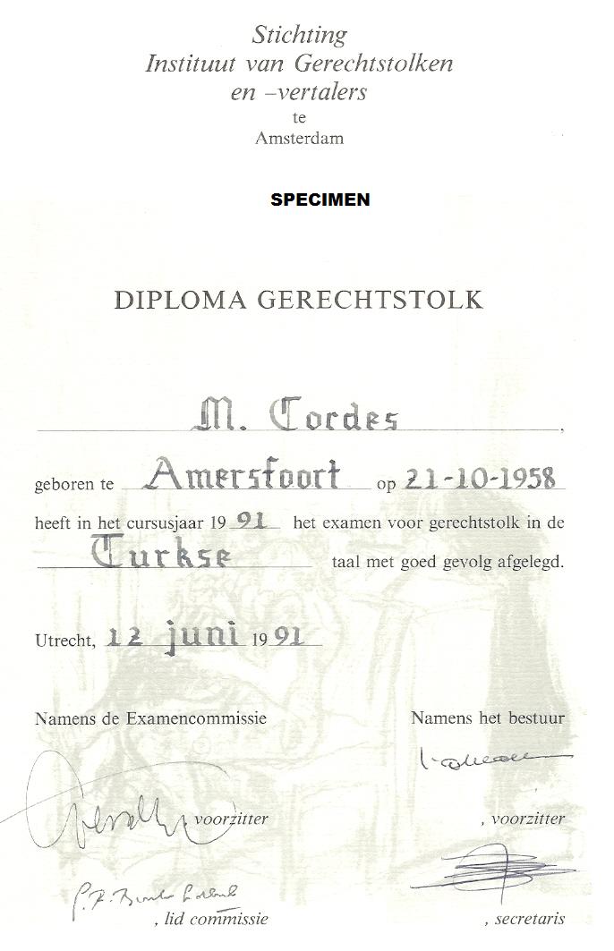 diploma gerechtstolk aangaande M. Cordes