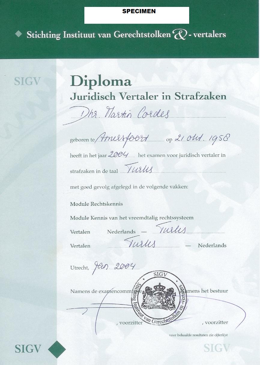 Diploma juridisch vertaler in strafzaken aangaande M. Cordes